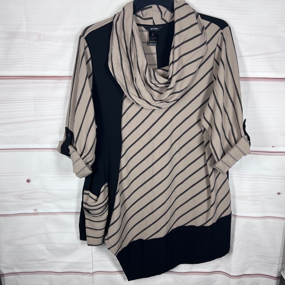 Ali Miles Tunic Top Womens 2X Tan Black Striped Asymmetrical Cowl Neck Blouse